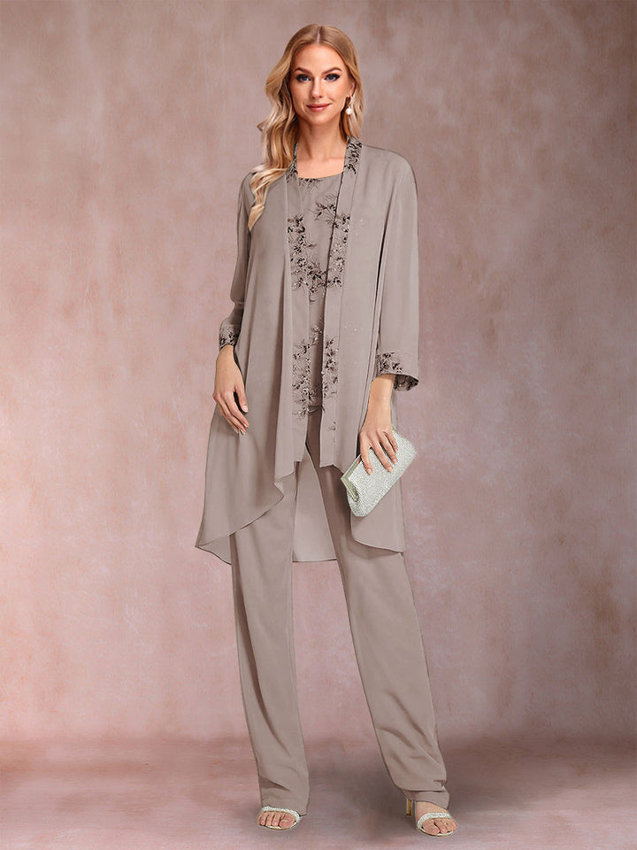 Chiffon Scoop Long Sleeves Floor-Length 3 Pieces Mother of the Bride Pantsuits with Appliques
