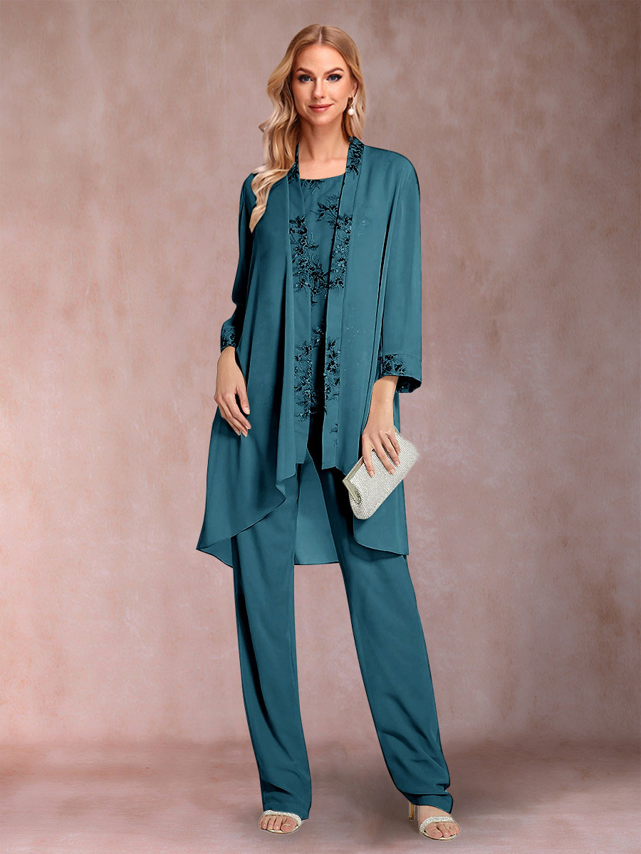 Chiffon Scoop Long Sleeves Floor-Length 3 Pieces Mother of the Bride Pantsuits with Appliques