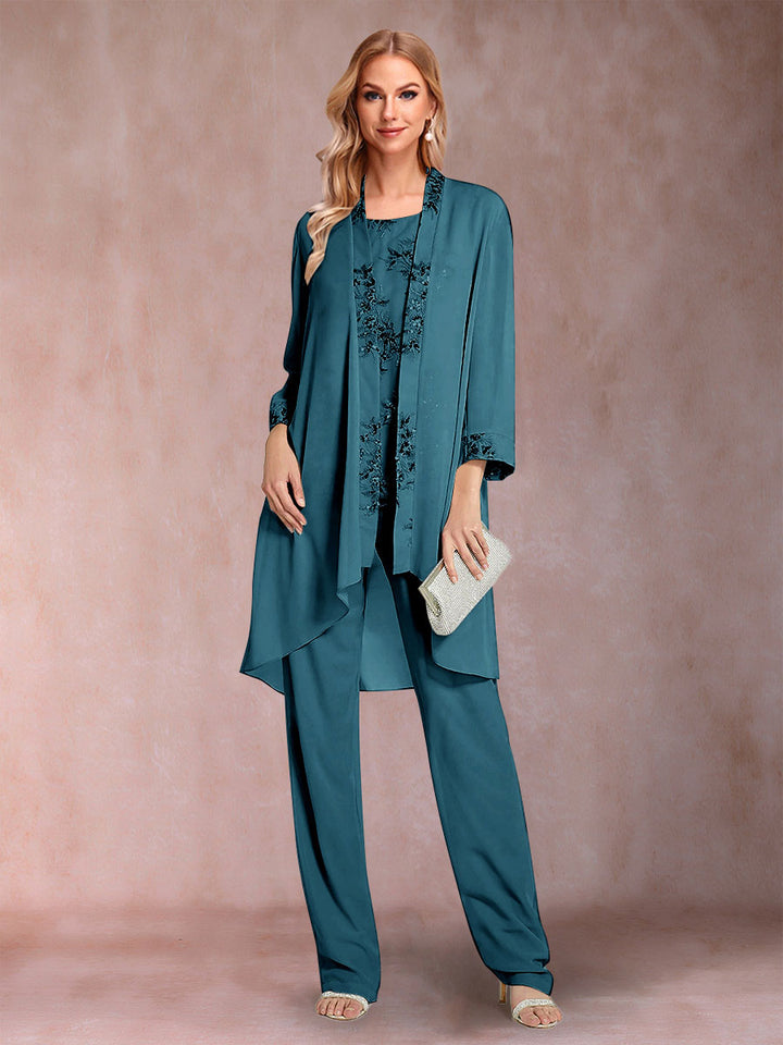 Chiffon Scoop Long Sleeves Floor-Length 3 Pieces Mother of the Bride Pantsuits with Appliques