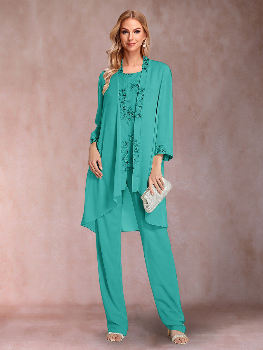Chiffon Scoop Long Sleeves Floor-Length 3 Pieces Mother of the Bride Pantsuits with Appliques