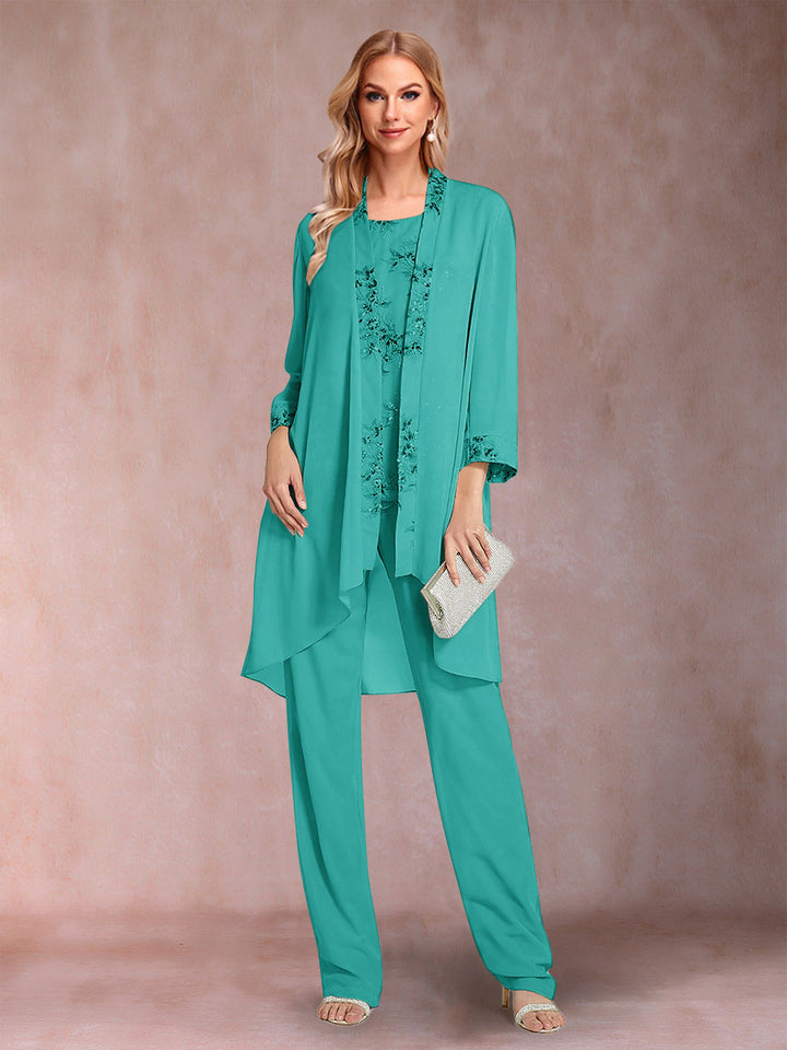 Chiffon Scoop Long Sleeves Floor-Length 3 Pieces Mother of the Bride Pantsuits with Appliques