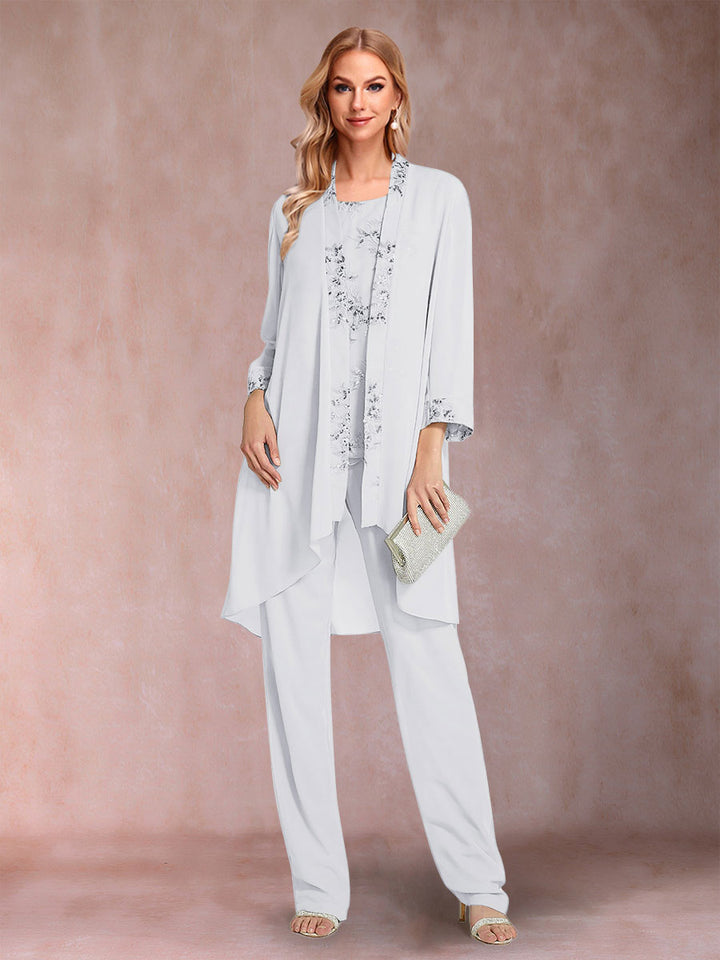 Chiffon Scoop Long Sleeves Floor-Length 3 Pieces Mother of the Bride Pantsuits with Appliques