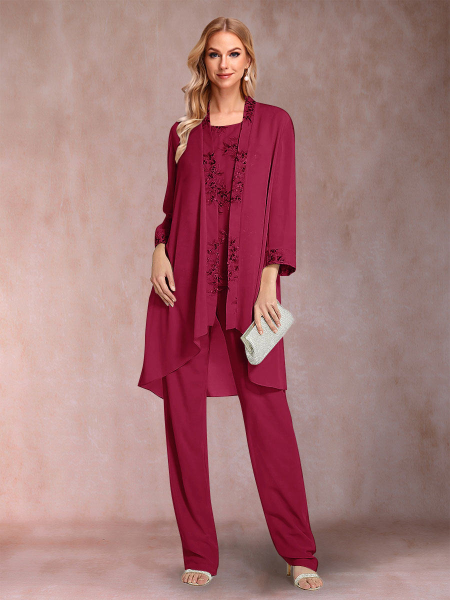 Chiffon Scoop Long Sleeves Floor-Length 3 Pieces Mother of the Bride Pantsuits with Appliques