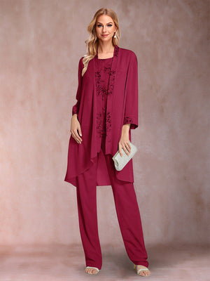 Chiffon Scoop Long Sleeves Floor-Length 3 Pieces Mother of the Bride Pantsuits with Appliques