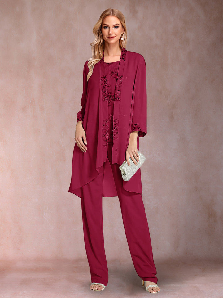 Chiffon Scoop Long Sleeves Floor-Length 3 Pieces Mother of the Bride Pantsuits with Appliques
