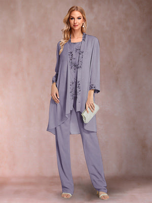 Chiffon Scoop Long Sleeves Floor-Length 3 Pieces Mother of the Bride Pantsuits with Appliques