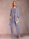Chiffon Scoop Long Sleeves Floor-Length 3 Pieces Mother of the Bride Pantsuits with Appliques