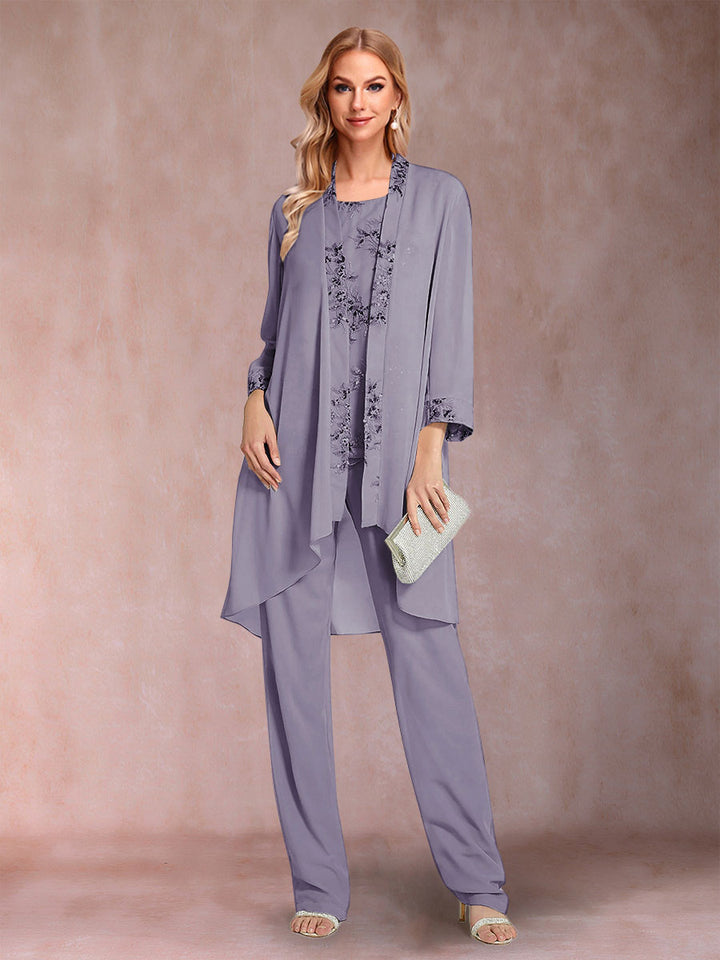 Chiffon Scoop Long Sleeves Floor-Length 3 Pieces Mother of the Bride Pantsuits with Appliques