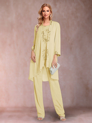 Chiffon Scoop Long Sleeves Floor-Length 3 Pieces Mother of the Bride Pantsuits with Appliques