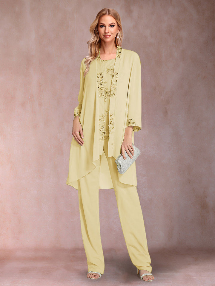 Chiffon Scoop Long Sleeves Floor-Length 3 Pieces Mother of the Bride Pantsuits with Appliques