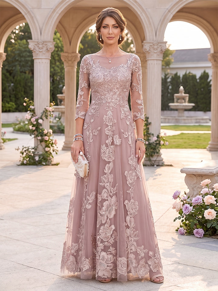 A-Line/Princess Illusion Scoop Floor-Length 3/4 Sleeves Mother of the Bride Dresses with Appliques