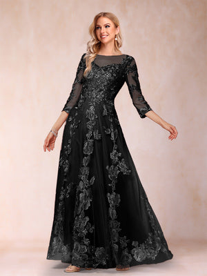 A-Line/Princess Illusion Scoop Floor-Length 3/4 Sleeves Mother of the Bride Dresses with Appliques