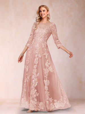 A-Line/Princess Illusion Scoop Floor-Length 3/4 Sleeves Mother of the Bride Dresses with Appliques