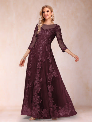 A-Line/Princess Illusion Scoop Floor-Length 3/4 Sleeves Mother of the Bride Dresses with Appliques