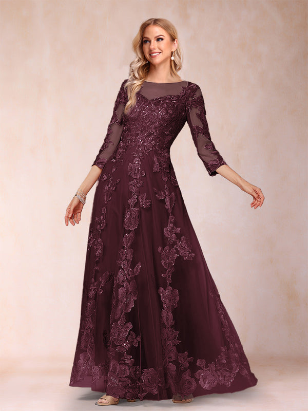 A-Line/Princess Illusion Scoop Floor-Length 3/4 Sleeves Mother of the Bride Dresses with Appliques