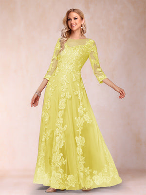 A-Line/Princess Illusion Scoop Floor-Length 3/4 Sleeves Mother of the Bride Dresses with Appliques