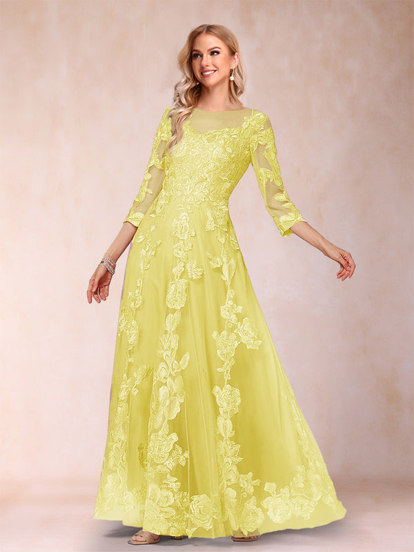 A-Line/Princess Illusion Scoop Floor-Length 3/4 Sleeves Mother of the Bride Dresses with Appliques