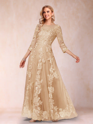 A-Line/Princess Illusion Scoop Floor-Length 3/4 Sleeves Mother of the Bride Dresses with Appliques