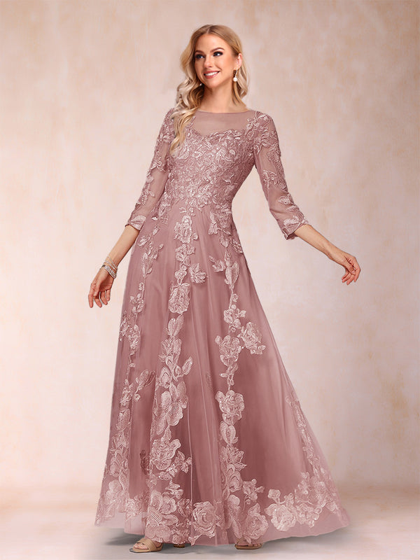 A-Line/Princess Illusion Scoop Floor-Length 3/4 Sleeves Mother of the Bride Dresses with Appliques