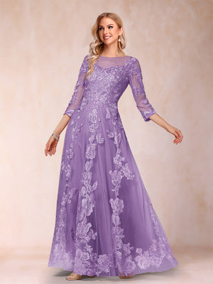 A-Line/Princess Illusion Scoop Floor-Length 3/4 Sleeves Mother of the Bride Dresses with Appliques