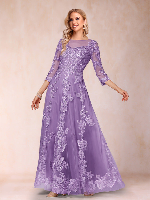 A-Line/Princess Illusion Scoop Floor-Length 3/4 Sleeves Mother of the Bride Dresses with Appliques