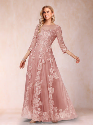 A-Line/Princess Illusion Scoop Floor-Length 3/4 Sleeves Mother of the Bride Dresses with Appliques