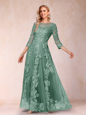 A-Line/Princess Illusion Scoop Floor-Length 3/4 Sleeves Mother of the Bride Dresses with Appliques