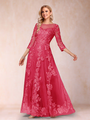 A-Line/Princess Illusion Scoop Floor-Length 3/4 Sleeves Mother of the Bride Dresses with Appliques