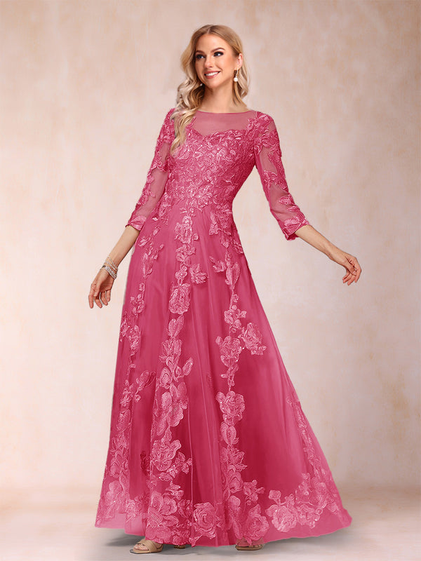 A-Line/Princess Illusion Scoop Floor-Length 3/4 Sleeves Mother of the Bride Dresses with Appliques