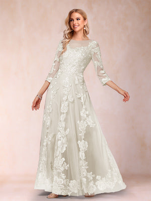 A-Line/Princess Illusion Scoop Floor-Length 3/4 Sleeves Mother of the Bride Dresses with Appliques