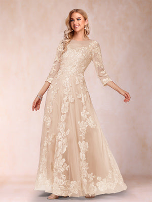 A-Line/Princess Illusion Scoop Floor-Length 3/4 Sleeves Mother of the Bride Dresses with Appliques