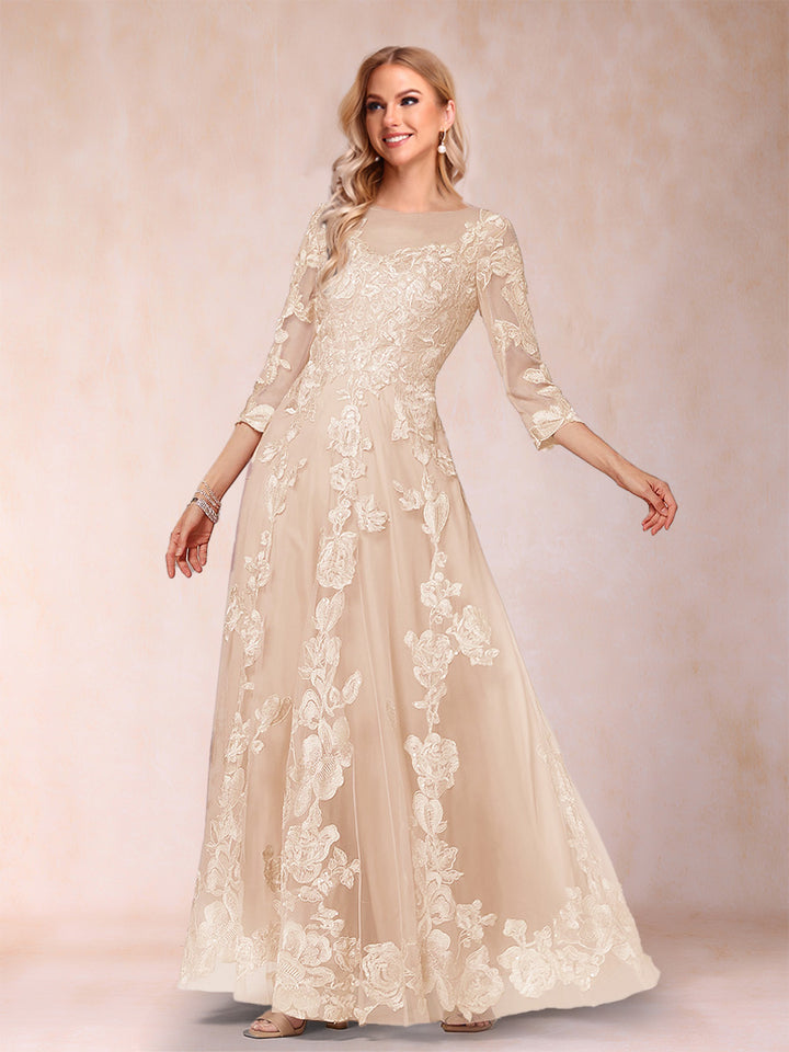 A-Line/Princess Illusion Scoop Floor-Length 3/4 Sleeves Mother of the Bride Dresses with Appliques