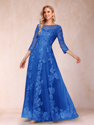 A-Line/Princess Illusion Scoop Floor-Length 3/4 Sleeves Mother of the Bride Dresses with Appliques