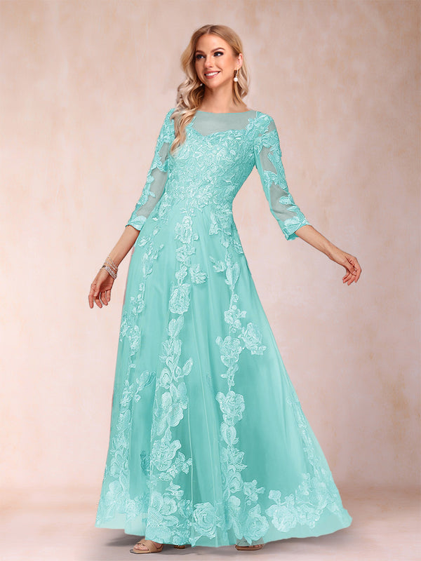 A-Line/Princess Illusion Scoop Floor-Length 3/4 Sleeves Mother of the Bride Dresses with Appliques