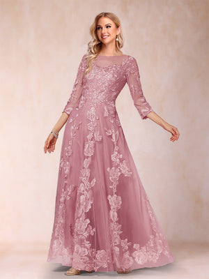 A-Line/Princess Illusion Scoop Floor-Length 3/4 Sleeves Mother of the Bride Dresses with Appliques