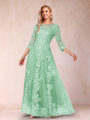 A-Line/Princess Illusion Scoop Floor-Length 3/4 Sleeves Mother of the Bride Dresses with Appliques