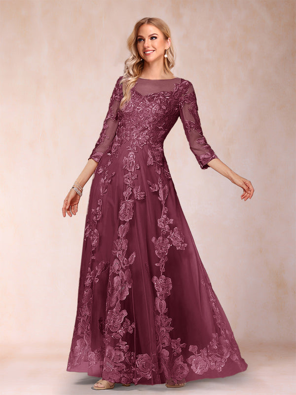 A-Line/Princess Illusion Scoop Floor-Length 3/4 Sleeves Mother of the Bride Dresses with Appliques