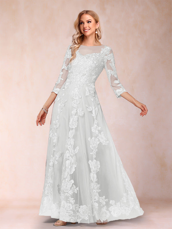 A-Line/Princess Illusion Scoop Floor-Length 3/4 Sleeves Mother of the Bride Dresses with Appliques