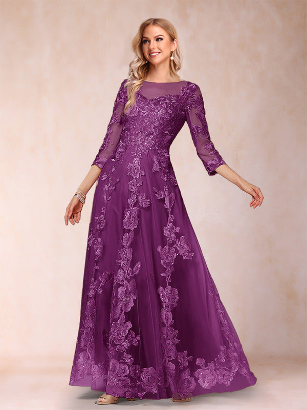 A-Line/Princess Illusion Scoop Floor-Length 3/4 Sleeves Mother of the Bride Dresses with Appliques