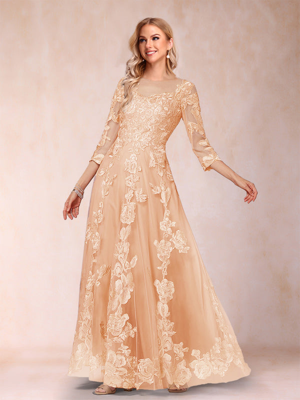 A-Line/Princess Illusion Scoop Floor-Length 3/4 Sleeves Mother of the Bride Dresses with Appliques