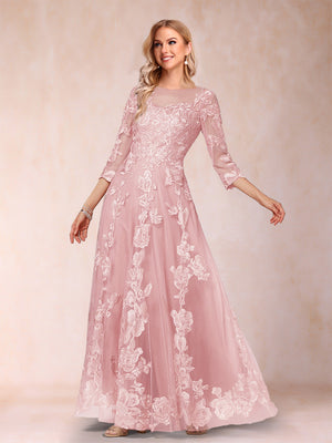 A-Line/Princess Illusion Scoop Floor-Length 3/4 Sleeves Mother of the Bride Dresses with Appliques