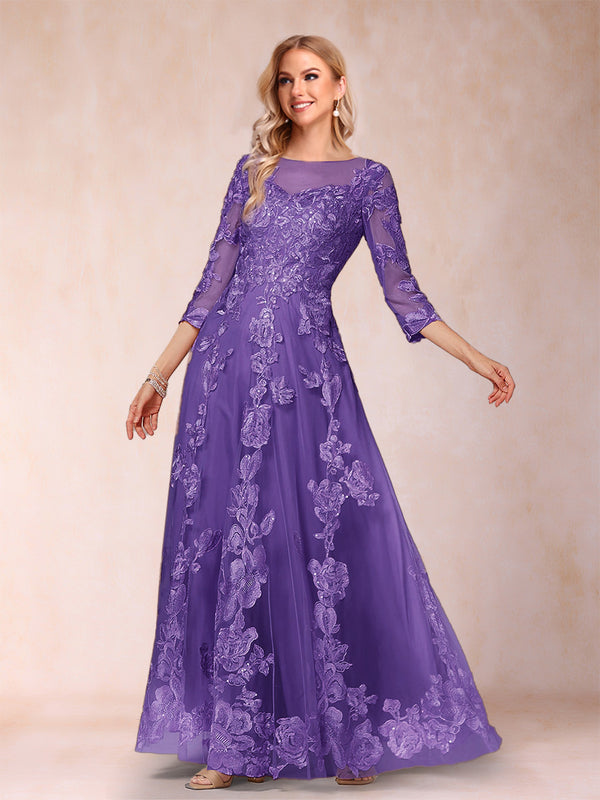 A-Line/Princess Illusion Scoop Floor-Length 3/4 Sleeves Mother of the Bride Dresses with Appliques
