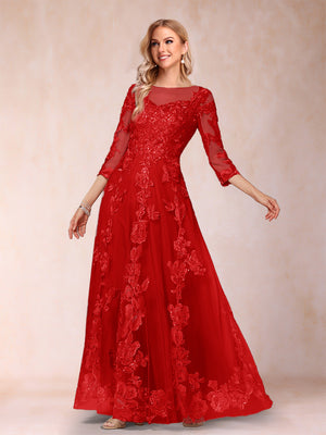 A-Line/Princess Illusion Scoop Floor-Length 3/4 Sleeves Mother of the Bride Dresses with Appliques