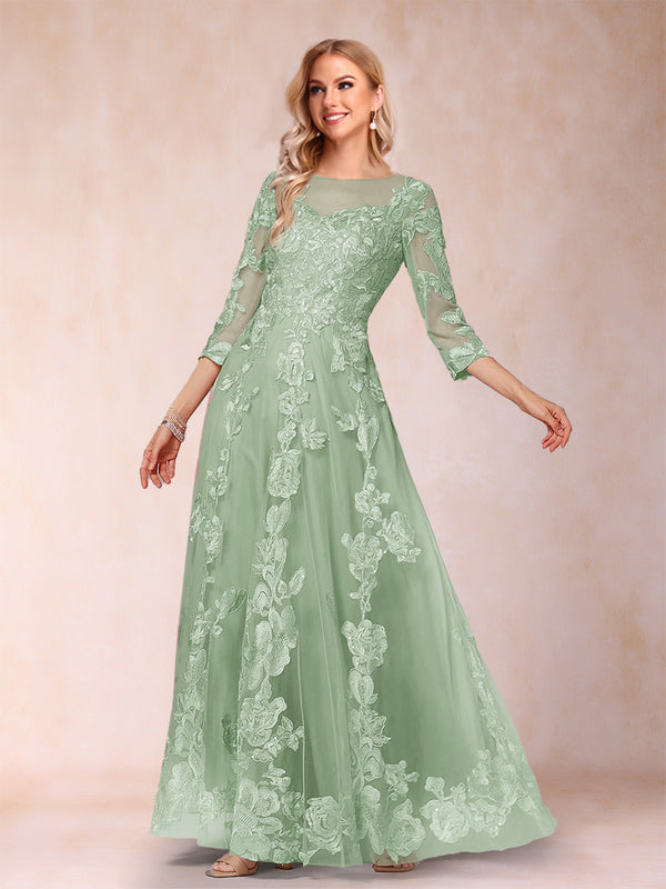 A-Line/Princess Illusion Scoop Floor-Length 3/4 Sleeves Mother of the Bride Dresses with Appliques
