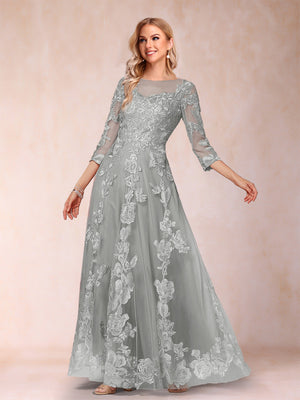 A-Line/Princess Illusion Scoop Floor-Length 3/4 Sleeves Mother of the Bride Dresses with Appliques