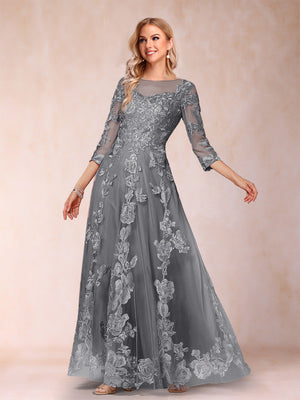 A-Line/Princess Illusion Scoop Floor-Length 3/4 Sleeves Mother of the Bride Dresses with Appliques