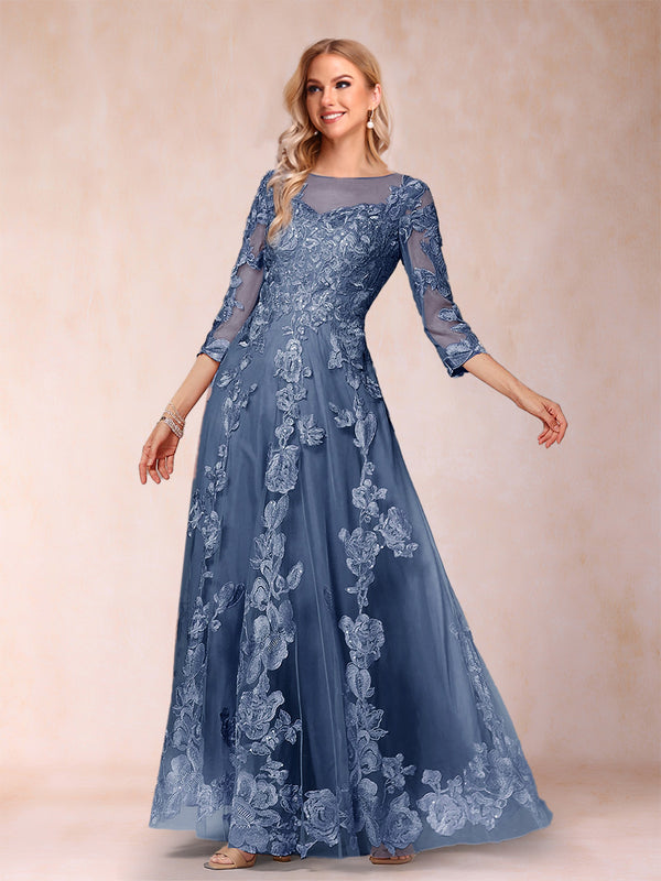 A-Line/Princess Illusion Scoop Floor-Length 3/4 Sleeves Mother of the Bride Dresses with Appliques