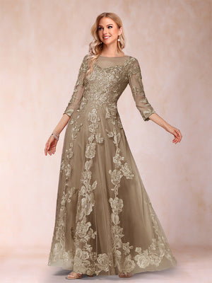 A-Line/Princess Illusion Scoop Floor-Length 3/4 Sleeves Mother of the Bride Dresses with Appliques