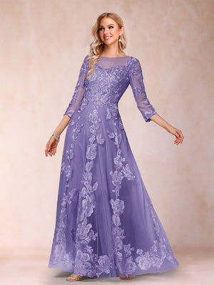 A-Line/Princess Illusion Scoop Floor-Length 3/4 Sleeves Mother of the Bride Dresses with Appliques