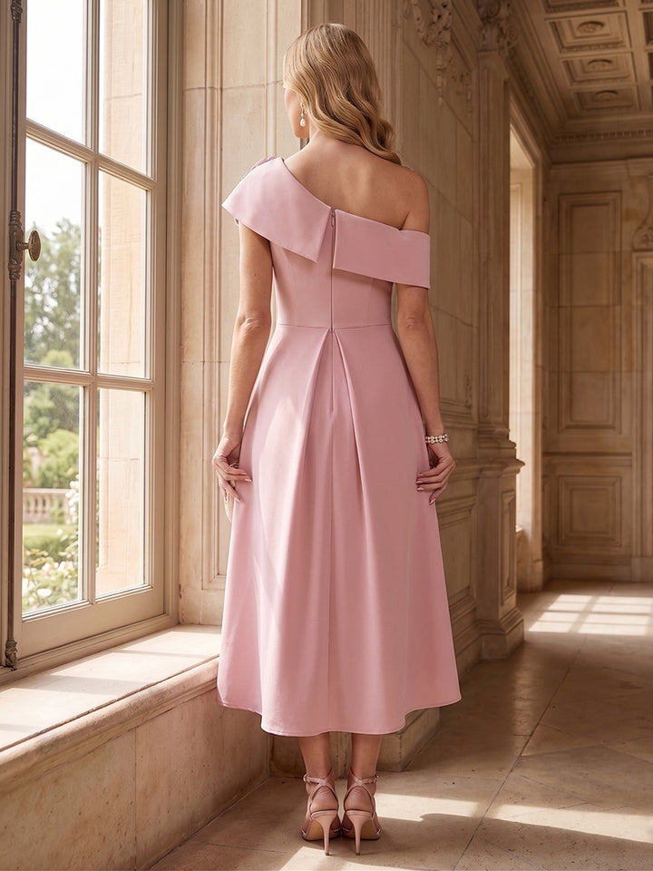 Sheath/Column One-Shoulder Tea-Length Short Sleeves Mother of the Bride Dresses with Flowers &amp; Pleated